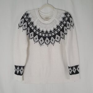 BLAIR Fair Isle Nordic Sweater MED White Grey Pullover Knit Christmas Holiday